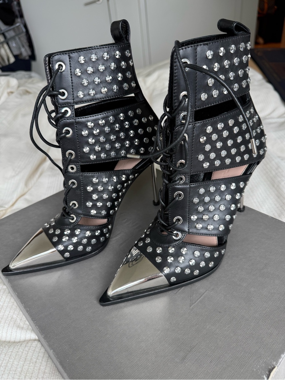 Studded Lace-Up Pointed High Heel Booties - Alexander McQueen